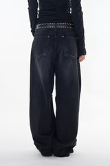 Black keyring wide denim pants