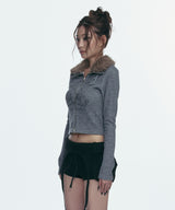 FUR COLLAR GRAPHIC KNIT ZIP-UP_GREY