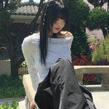 ディントカラーコンビネーションシースルーレイヤードリブオフショルダーロングスリーブTシャツ