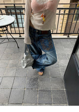 Pocket Embroidery Straight Long Denim Pants