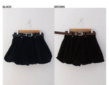 VELOUR BALLOON MINI SKIRT WITH STITCH BELT SET (BROWN)