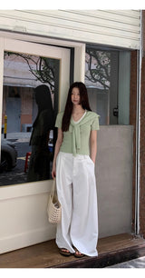 グリーンレイヤードVネックショートスリーブニットTシャツ