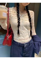 Lace shirring two-piece long-sleeved blouse T-shirt