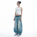 Sun Patch Leopard Balloon Denim Pants - LIGHT BLUE