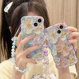 3D フラワー チェーン ウェーブ フレーム iPhone ケース ウィズ ビーズ ウィスト ストラップ