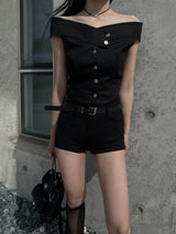 Deli off-shoulder button crop denim short sleeve T (3 colors)