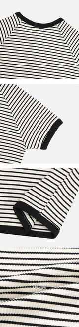 [Slim Fit] ストライプヘンリーネックハーフニットTシャツ(3color)