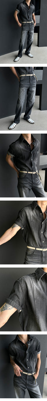 [MUSCLE FIT] Slit snap button denim shirts (3color)