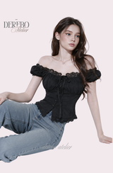Black lace square short-sleeve blouse