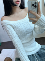 OFF SHOULDER TWISTED SLIN LONG KNIT 🩶🤍🖤3COLOR