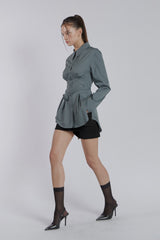 PINTUCK ROSE BELT SHIRT(BLUE GRAY)