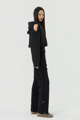 Shoulder Cutout Crop Hooded Zip-Up, Black