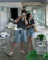[Unisex] アースバックルストリッピードカラーレッドショートスリーブニット/ 3 カラーズ