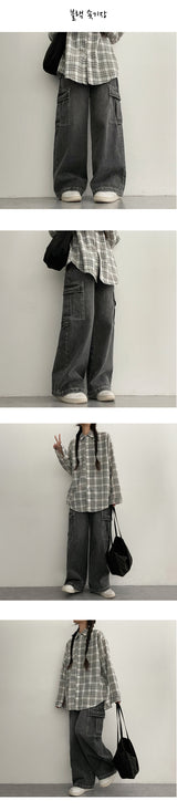 [Short, Basic/S-3XL] Cropped Banded Waist Wide Cargo Denim Pants