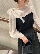 Liang Satin Tie Color Matching Puff Blouse