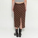 Slit Checked Long Skirt Brown