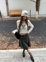 Heart Printed Long Sleeve Crop T-shirt