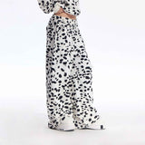 Black White Dalmatian Print Wide Leg Sweatpants Cotton Blend Casual Pants, Unisex