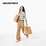 Khaki 100% Cotton Double Waistband Barrel Leg Casual Pants with Logo Detail