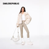 Women's Acrylic Blend Faux Fur Cropped Zip Jacket with Embroidered Back Logo, Casual Winter Outerwear