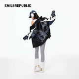Black Navy and White PU Coated Faux Leather Color Block Butterfly Graphic Stand Collar Zip Jacket