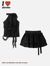 black rose frill halter neck skirt two-piece