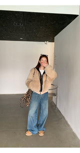 Eyes Hooded Layered Fur Zip-Up Jacket