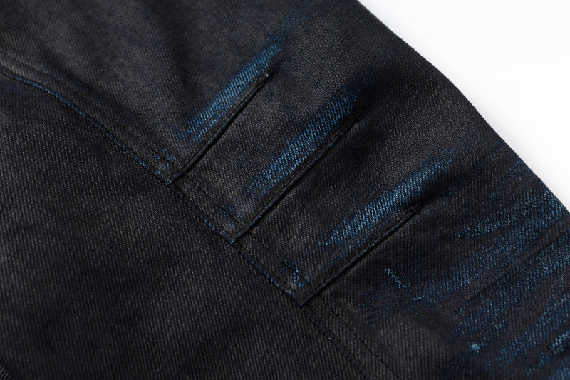 COATED KNIFE-SCRAPED HAND-WIPED DISTRESSED DENIM JACKET