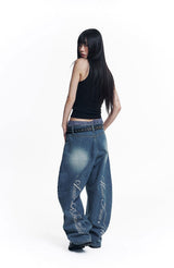 Stripe Lettering Denim Pants - Medium Blue