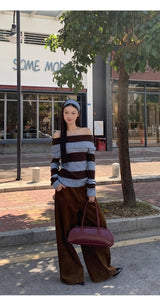 wool mohair stripe off-shoulder long-sleeved knitwear