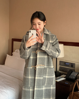 [SHOPPERMADE] アッシュグレーチェックウールロングダッフルコート