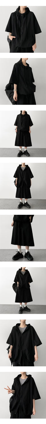 Shine Linkle Boxy Fit String Short-Sleeved Hooded Zip-Up Jumper