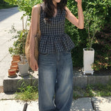 Lower Smoke Banding Hem Frill Check Halter Neck Sleeveless Blouse 2 Colors