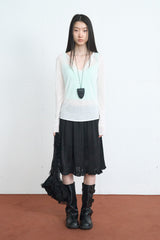 Satin Frill Midi Skirt (Black)