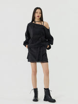 One-shoulder Blanc Ribbon Shirring Detail Top, Black