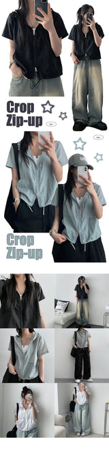 Adapted nylon two-way short-sleeved hooded zip-up jumper