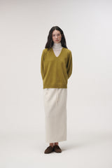 Whole garment V-neck knit (Olive)