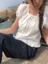 Beson Lace Button Ribbon Frill Blouse