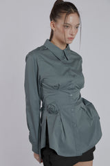 PINTUCK ROSE BELT SHIRT(BLUE GRAY)