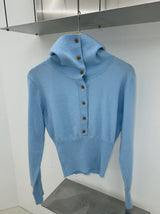 Sky blue high-neck button long-sleeved knitwear