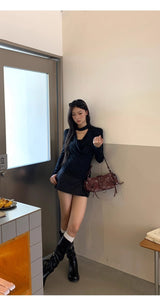 Black Chic Shimmering Halterneck Long-Sleeved T-Shirt