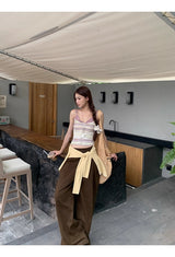 Hazelnut pintuck wide cotton casual pants