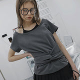 キュービックウィメンズタイ半袖Tシャツ_チャコール