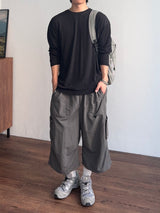 リネン ルーズフィット ラウンド ロングスリーブ Tシャツ (5color) (No.966)