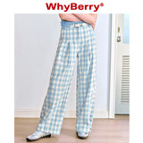 Why Berry 24SS "Refreshing and Easy to Wear" ブルーアンドホワイトチェッカーパンツサマーパンツルーズカジュアルワイドレッグスパンツ