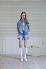 LOVELY CHECK LACE CROP SHIRT