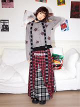 Irregular hemline design printed double-checkered pattern patchwork loose long half skirt