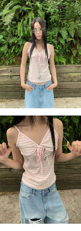 Pink stripe lace-up sleeveless t-shirt