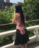 Lupu Checkered Cap Sleeves Shirring Blouse