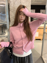 Pink button high-neck knit long-sleeved cardigan